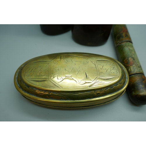 2234 - A large brass tobacco box, 12.5cm, a leather mounted glass flask holder and a cylindrical case