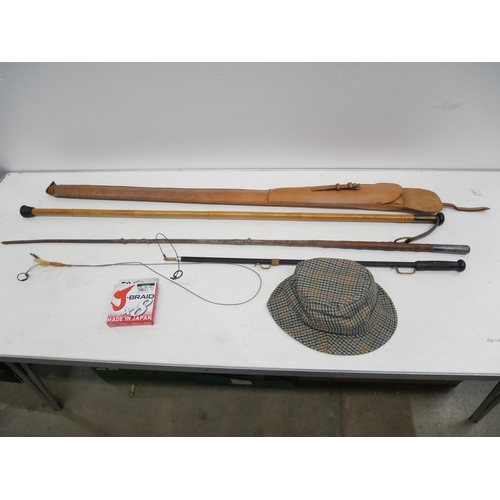 2271 - Two Wade sticks, one bamboo with leather strap and wooden with metal handle, trout snear and a fly f... 