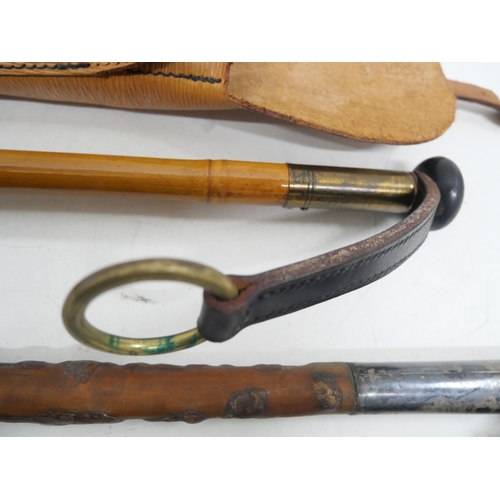 2271 - Two Wade sticks, one bamboo with leather strap and wooden with metal handle, trout snear and a fly f... 