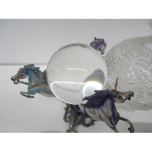 2275 - A collection of glass includes a unicorn crystal ball, two unicorns are damaged, three bon bon dishe... 