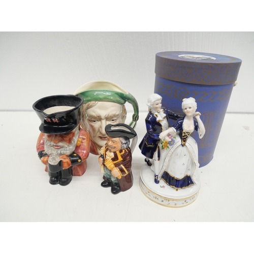 2284 - A musical porcelain figure group, boxed and a box of retro and later china including a Royal Doulton... 