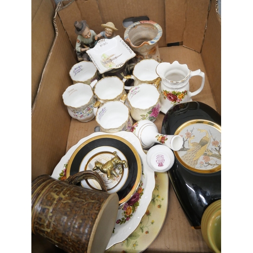 2284 - A musical porcelain figure group, boxed and a box of retro and later china including a Royal Doulton... 