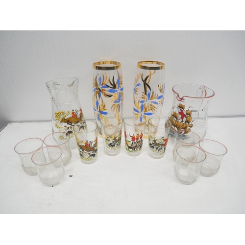 2299 - A collection of retro glass including a pair of vases with gilt floral design, jug and four glass cu... 