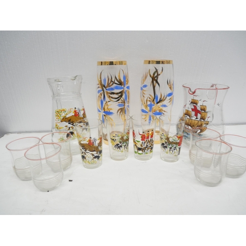 2299 - A collection of retro glass including a pair of vases with gilt floral design, jug and four glass cu... 