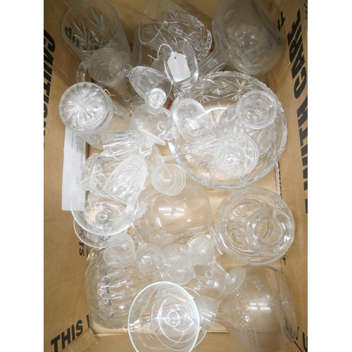 2308 - Two boxes of assorted crystal and glassware, many champagne coupes, assorted sizes, several decanter... 