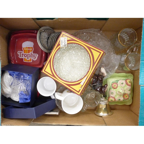 2325 - Three boxes of china, glass, metalware, two cameras, etc. **PLEASE NOTE THIS LOT IS NOT ELIGIBLE FOR... 