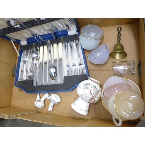 2325 - Three boxes of china, glass, metalware, two cameras, etc. **PLEASE NOTE THIS LOT IS NOT ELIGIBLE FOR... 