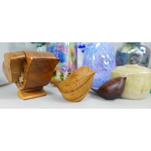 2332 - Tenby and Saundersfoot pottery, a box of coloured glass and a box of treen including items purchased... 