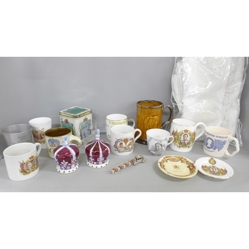 2334 - Royal Commemorative items including Queen Victoria mug, Crown Staffordshire preserve pots, commemora... 