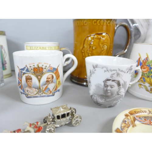 2334 - Royal Commemorative items including Queen Victoria mug, Crown Staffordshire preserve pots, commemora... 