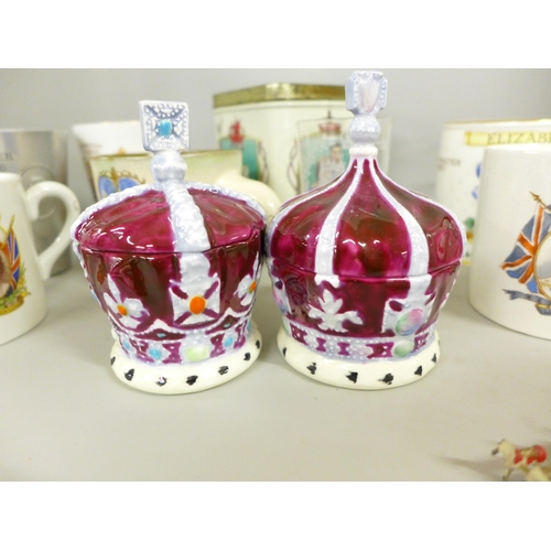 2334 - Royal Commemorative items including Queen Victoria mug, Crown Staffordshire preserve pots, commemora... 