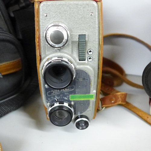 2335 - A collection of cameras includes a Beirette, Prontor, Kodak Instamatic, an 8mm Cimatic video camera ... 