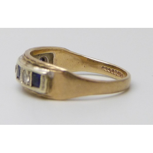 7004 - A 9ct gold, sapphire and white stone set ring, 2.4g, K