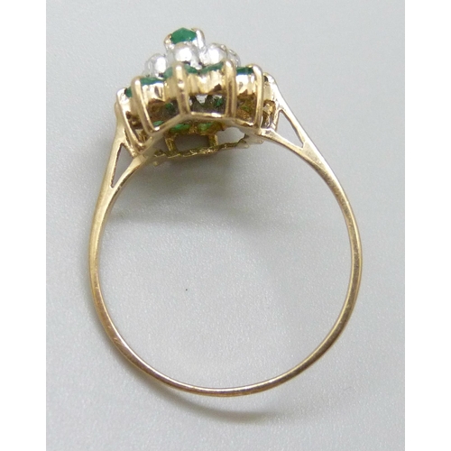 7013 - A 9ct gold and emerald cluster ring, P, 1.8g, and a pair of 9ct gold and emerald cluster earrings, 2... 