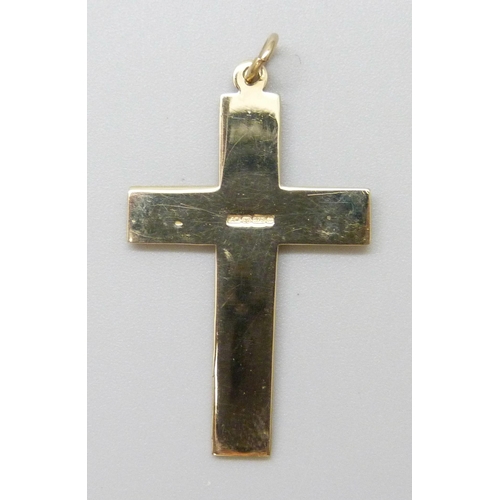 7014 - A 9ct gold engraved cross pendant, 3.4g, 3.7cm including bale