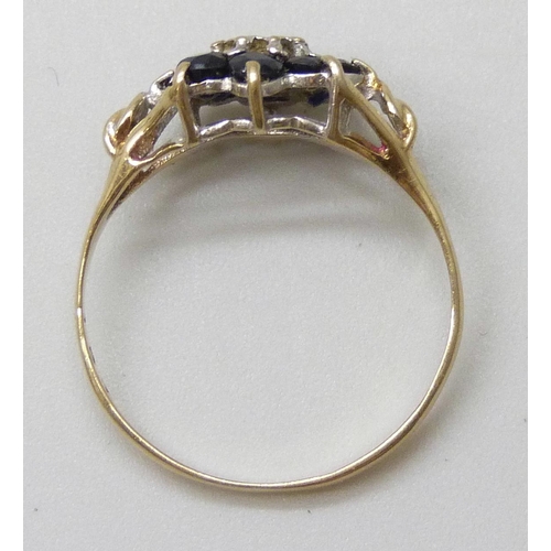 7015 - A 9ct gold, blue stone and diamond cluster ring, 1.4g, L