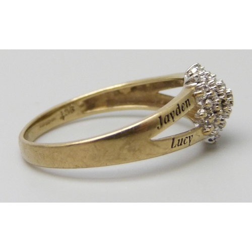 7031 - A 9ct gold and diamond ring with engraved names, 1.9g, O