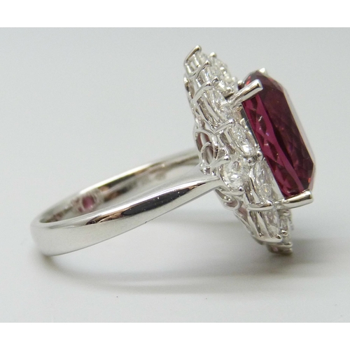 7035 - An 18ct white gold 7.98ct cushion cut tourmaline and 1.73ct round, pear and marquise cut diamond rin... 