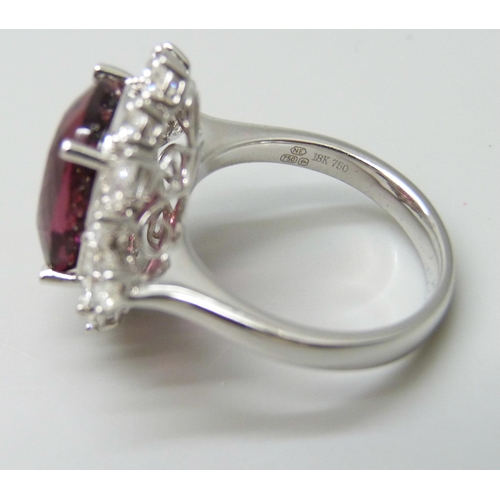 7035 - An 18ct white gold 7.98ct cushion cut tourmaline and 1.73ct round, pear and marquise cut diamond rin... 