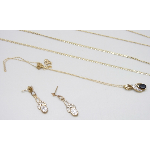 7048 - A 9ct gold fine curb chain, 1.2g, a 9ct gold pendant on a 9ct gold chain, 1.2g, together with a pair... 