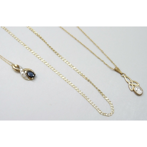 7048 - A 9ct gold fine curb chain, 1.2g, a 9ct gold pendant on a 9ct gold chain, 1.2g, together with a pair... 