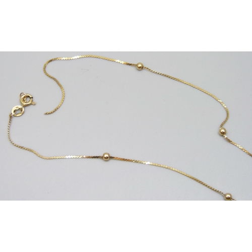 7079 - A 9ct gold chain, a/f, 1.5g together with a 9ct gold dolphin pendant, 0.4g