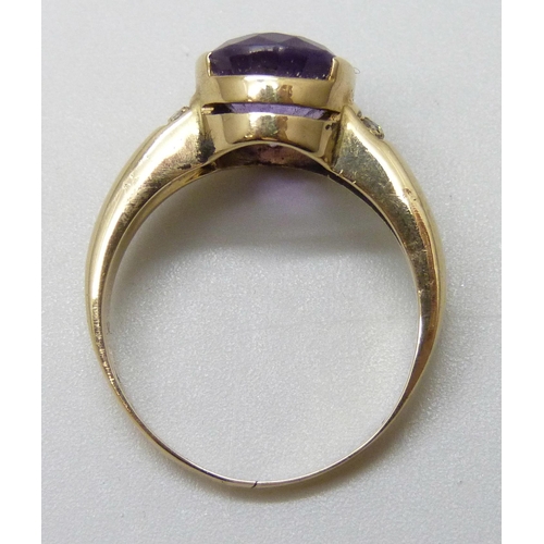 7099 - A yellow metal amethyst and diamond ring, stamped 14k, stone a/f, small split to shank, 4.6g, N