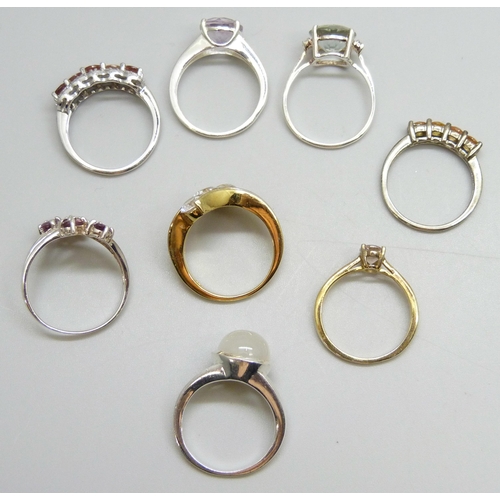 7108 - Eight silver gem set rings, 24g