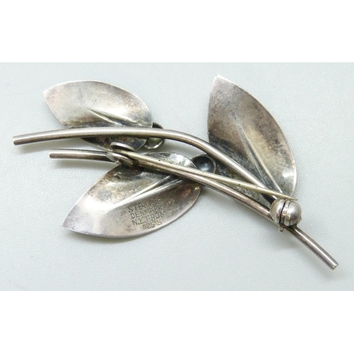 7113 - A Scandinavian silver brooch of leaf form by Danish designer N.E. From, 4.9g, 5cm