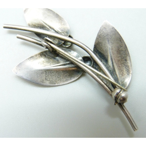 7113 - A Scandinavian silver brooch of leaf form by Danish designer N.E. From, 4.9g, 5cm