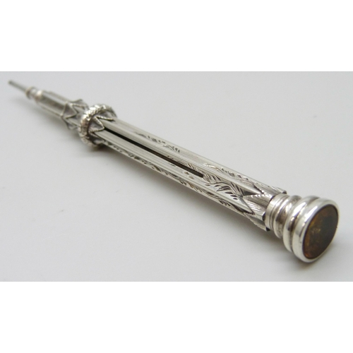 7116 - A Victorian white metal pencil with citrine stone, 13.2g, 11.5cm full extension