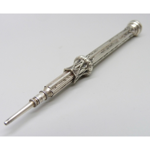 7116 - A Victorian white metal pencil with citrine stone, 13.2g, 11.5cm full extension