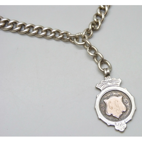 7126 - A silver double Albert chain necklace with fob, 84g, 50.5cm