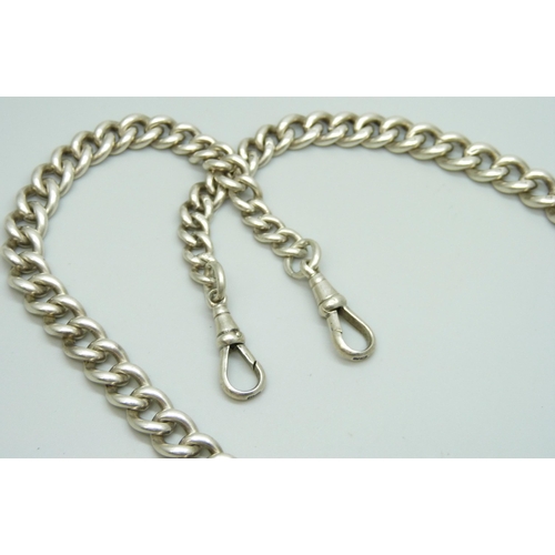 7126 - A silver double Albert chain necklace with fob, 84g, 50.5cm