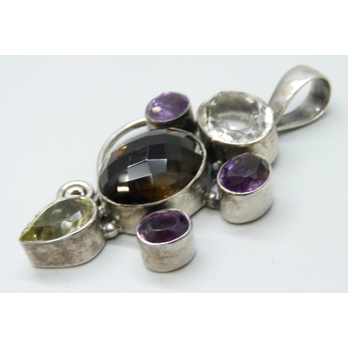 7142 - A large silver faceted multi gemstone pendant, 8.5cm, 56g