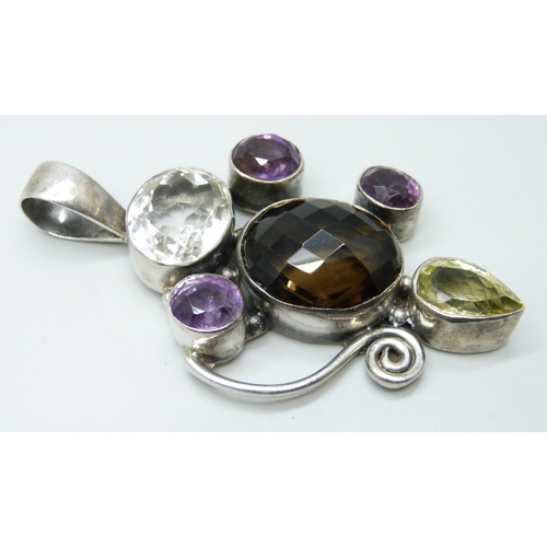 7142 - A large silver faceted multi gemstone pendant, 8.5cm, 56g