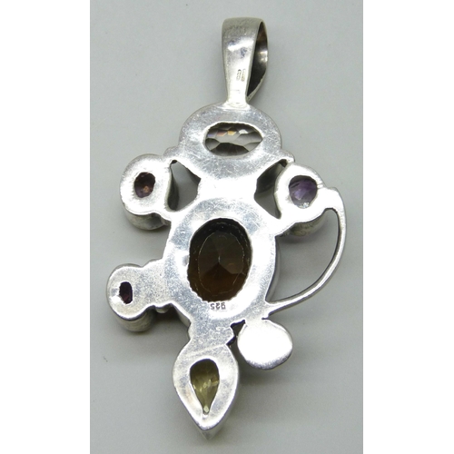 7142 - A large silver faceted multi gemstone pendant, 8.5cm, 56g