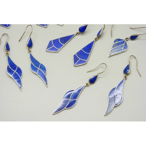 7146 - Eight pairs of silver lapis lazuli set earrings