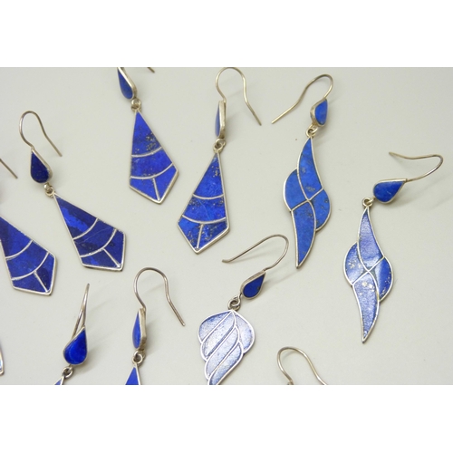 7146 - Eight pairs of silver lapis lazuli set earrings