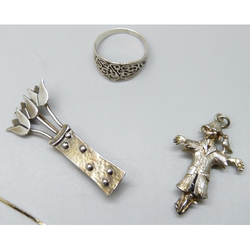 7152 - A collection of silver including a tooth fairy box, silver jewellery, a white metal scarecrow charm,... 