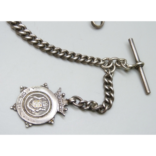 7153 - A silver Albert chain and silver fob, 59g, 35cm