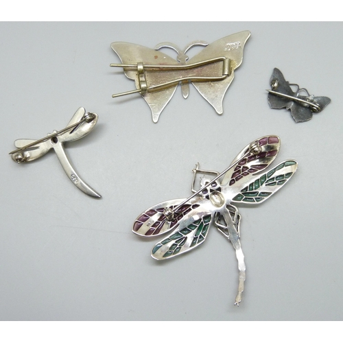 7159 - Three silver butterfly and dragonfly brooches including a John Atkins and Sons silver and enamel exa... 