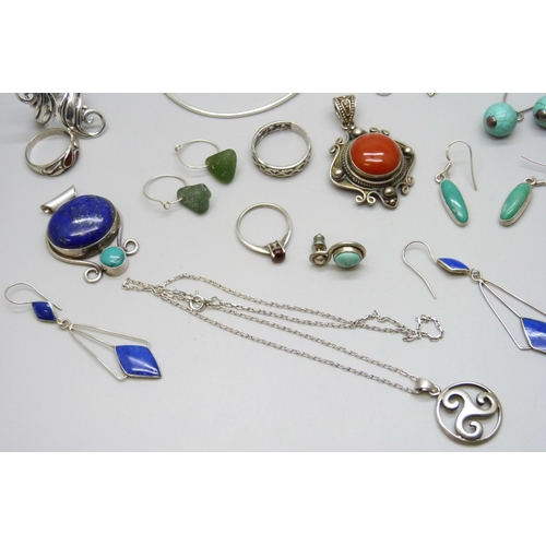 7160 - A Suarti silver pendant, lapis lazuli and turquoise set pendants, silver rings, silver earrings, a s... 