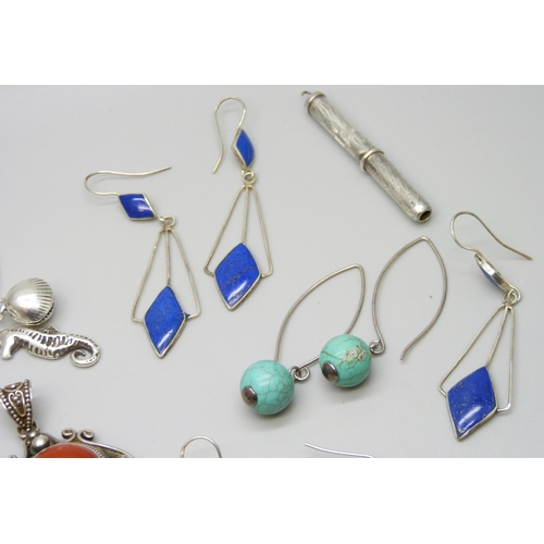 7160 - A Suarti silver pendant, lapis lazuli and turquoise set pendants, silver rings, silver earrings, a s... 