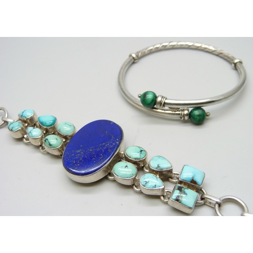 7161 - A white metal, turquoise and lapis lazuli bracelet, 43g, 20cm, together with a malachite and silver ... 