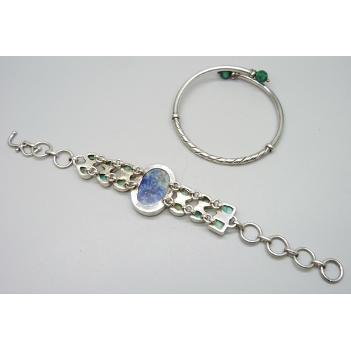 7161 - A white metal, turquoise and lapis lazuli bracelet, 43g, 20cm, together with a malachite and silver ... 