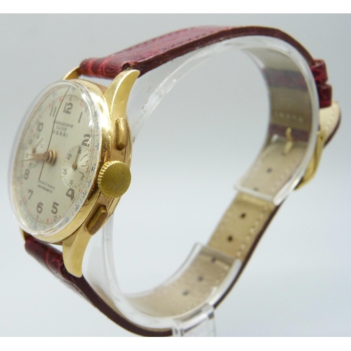 7236 - An 18ct gold cased Agari Suisse chronograph wristwatch, 34mm case, case back dented