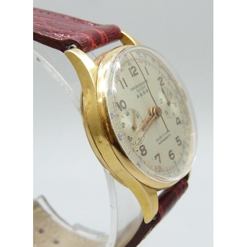 7236 - An 18ct gold cased Agari Suisse chronograph wristwatch, 34mm case, case back dented