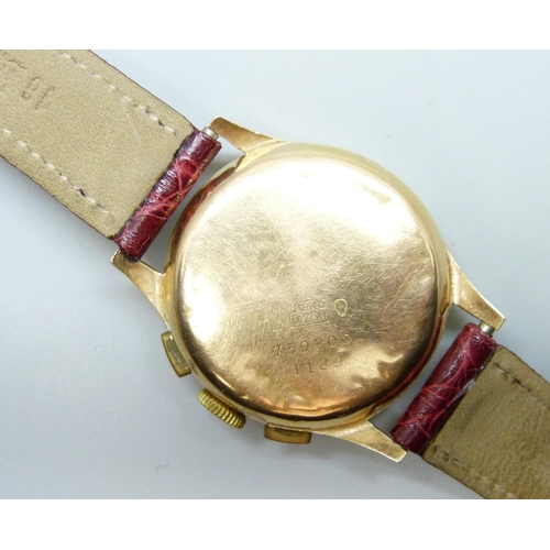 7236 - An 18ct gold cased Agari Suisse chronograph wristwatch, 34mm case, case back dented