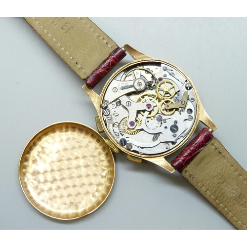 7236 - An 18ct gold cased Agari Suisse chronograph wristwatch, 34mm case, case back dented